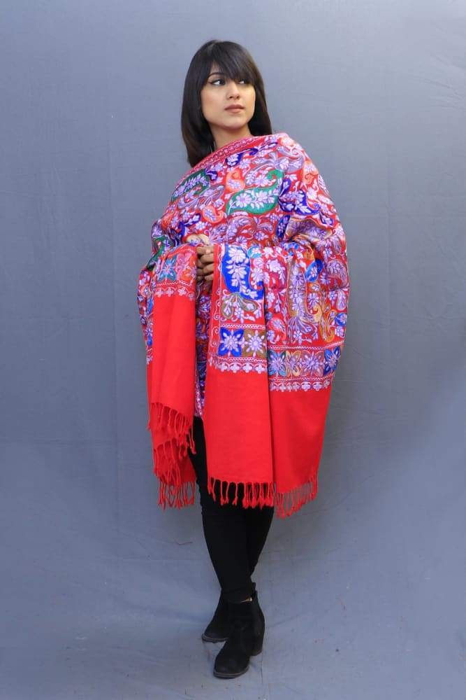 Hot Red Colour Wrap With Richly Designed Aari Jaal