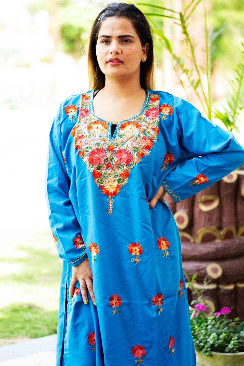 Kashmiri Blue Colour Cotton Kurti With Beautiful Aari