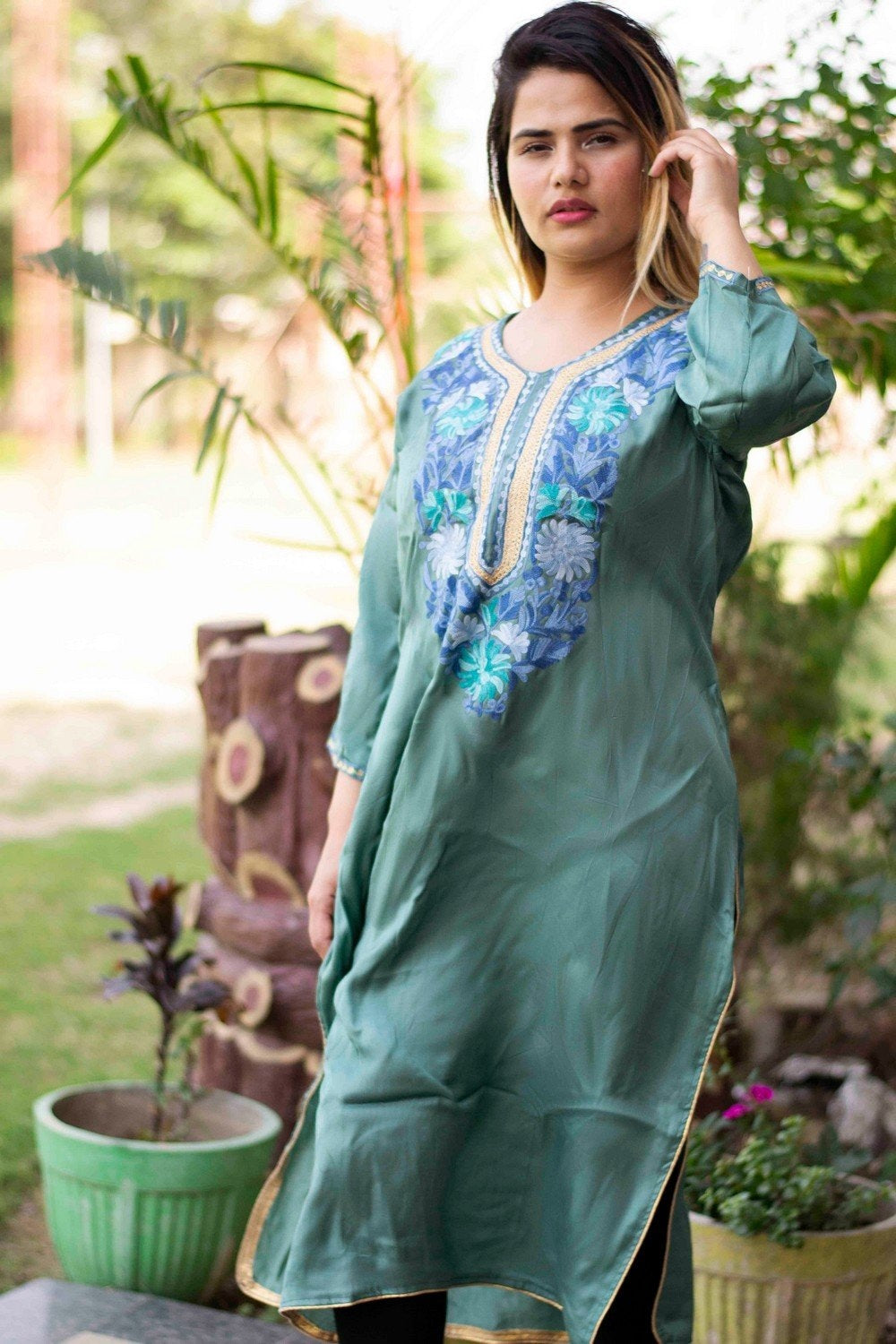 kashmiri Green Colour Cotton Kurti With Beautiful Aari
