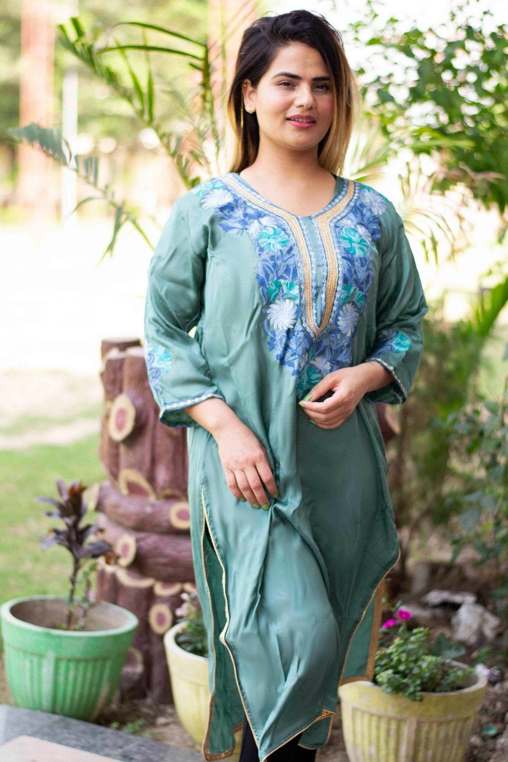 kashmiri Green Colour Cotton Kurti With Beautiful Aari