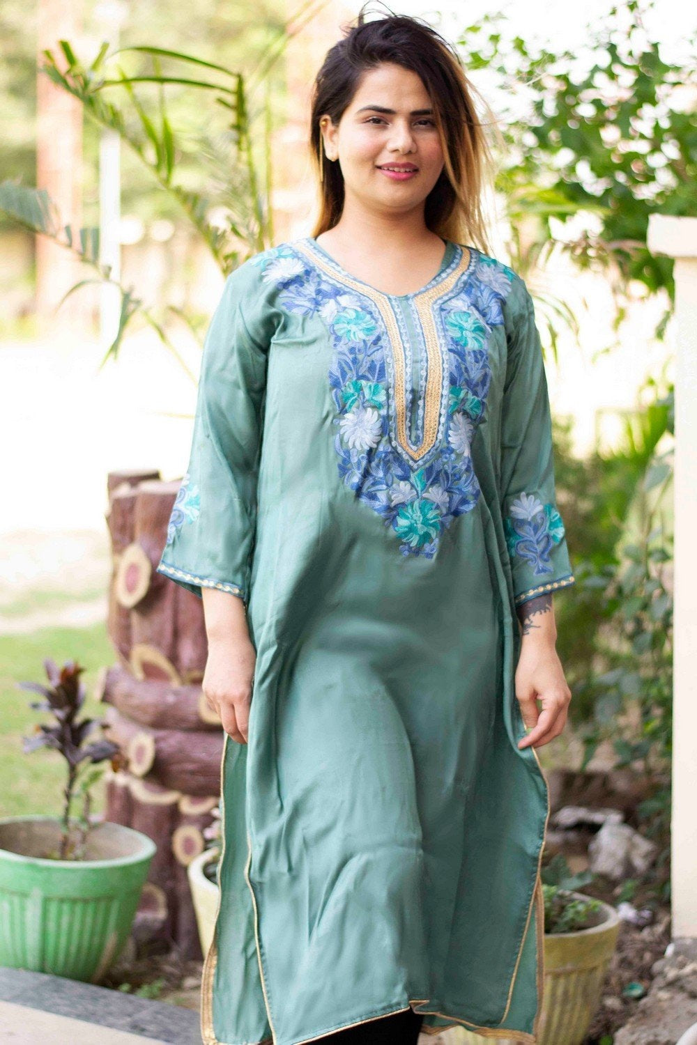 kashmiri Green Colour Cotton Kurti With Beautiful Aari