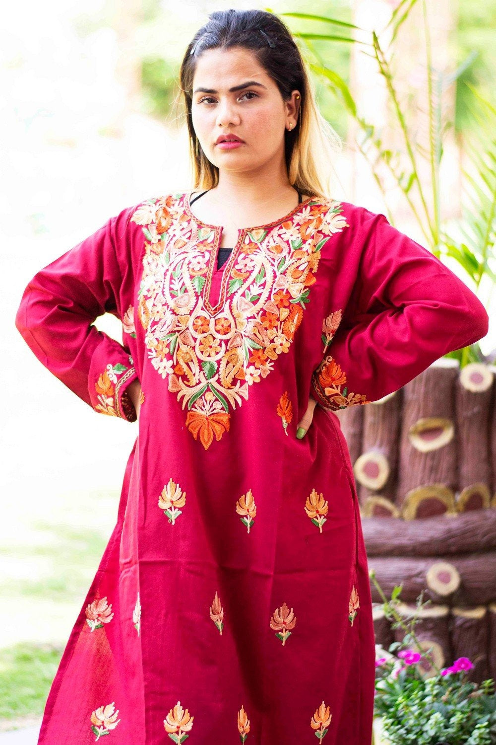 kashmiri Maroon Colour Cotton Kurti With Beautiful Aari