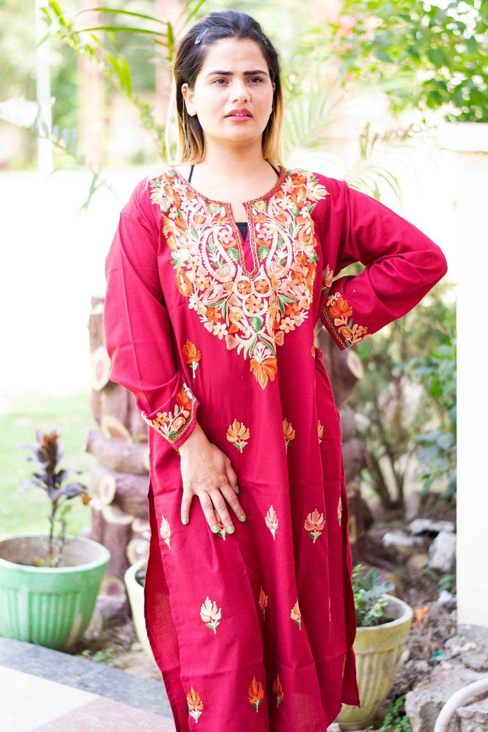 kashmiri Maroon Colour Cotton Kurti With Beautiful Aari