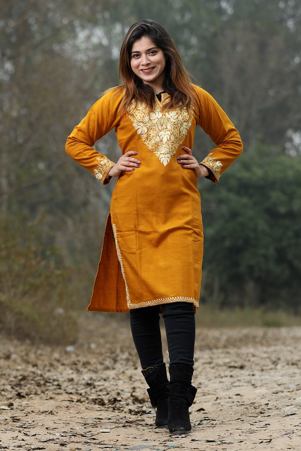 Kashmiri Mustard Color Aari Work Embroidered Kurti With New