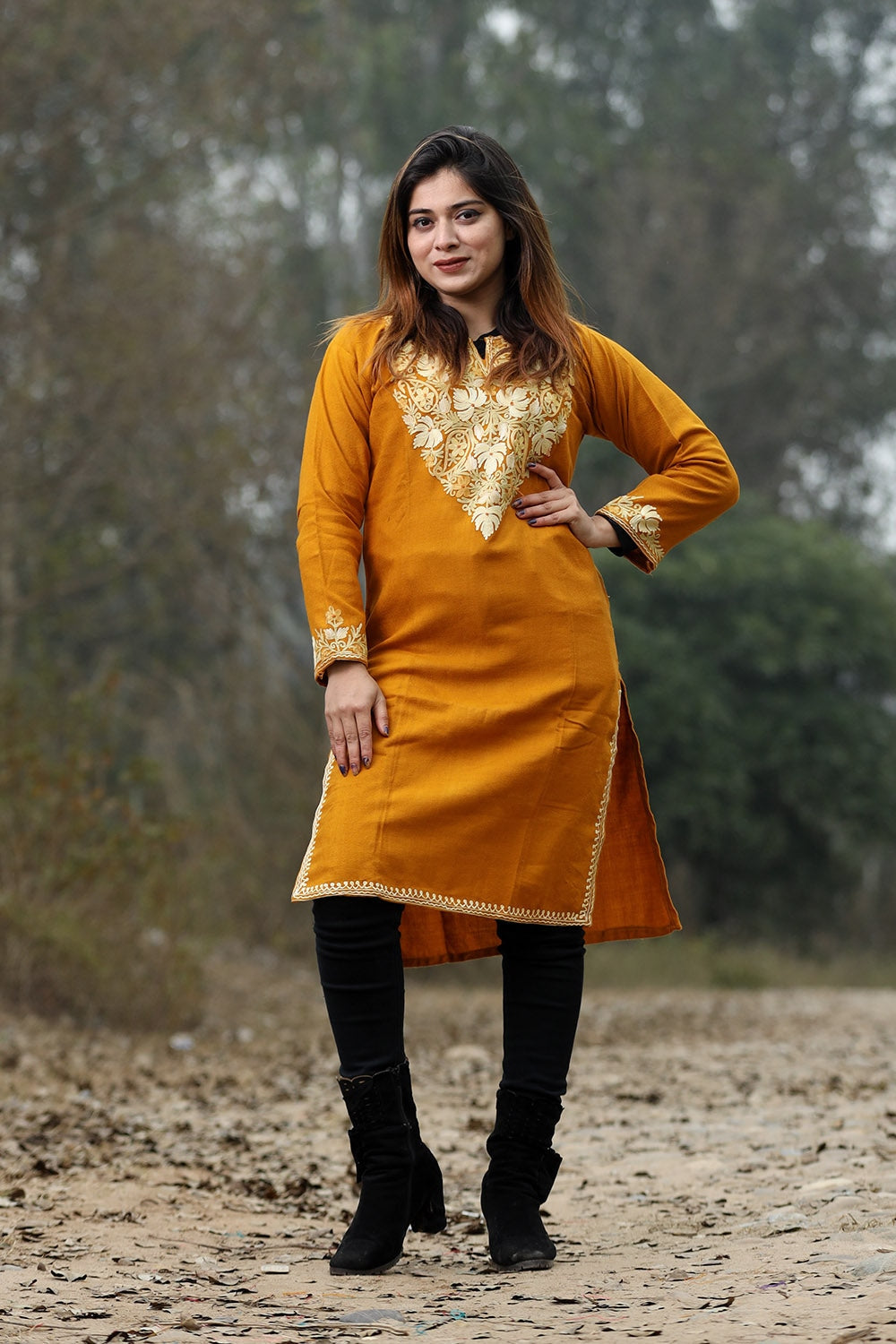 Kashmiri Mustard Color Aari Work Embroidered Kurti With New