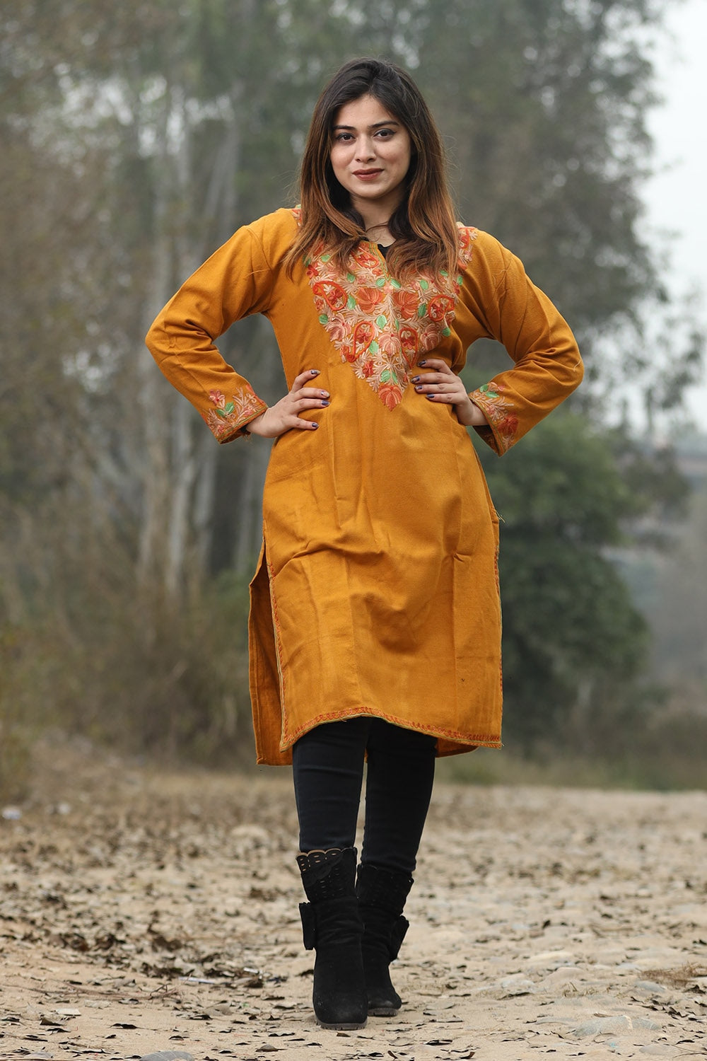 Kashmiri Mustard Color Aari Work Embroidered Kurti With New