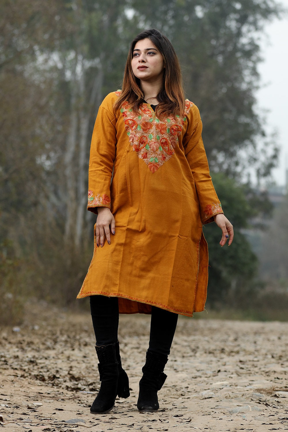 Kashmiri Mustard Color Aari Work Embroidered Kurti With New