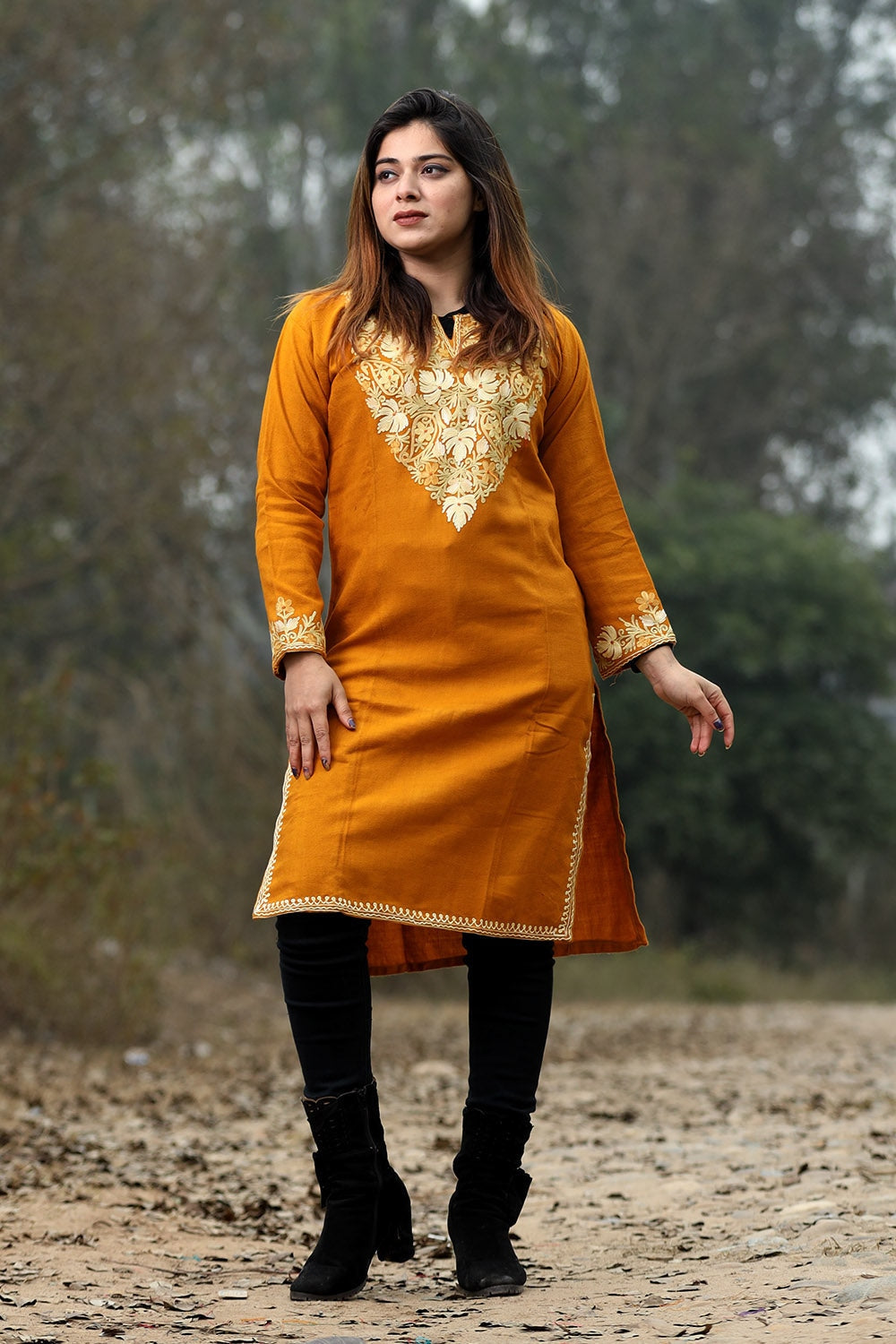 Kashmiri Mustard Color Aari Work Embroidered Kurti With New