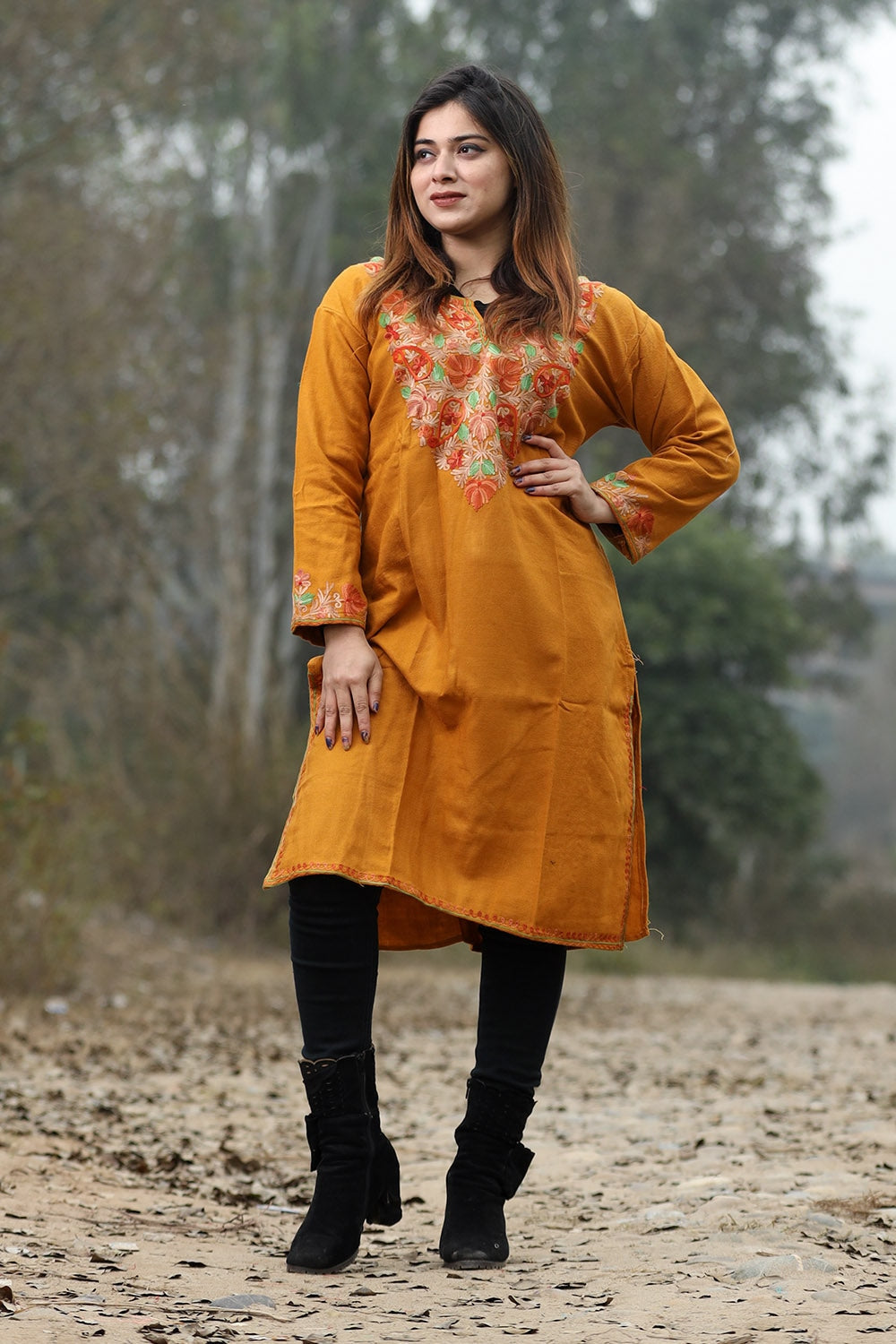 Kashmiri mustard color aari work embroidered kurti with new designer