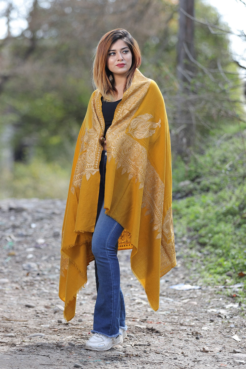 Kashmiri Mustard Color Shawl With Tilla Work Gives A Trendy