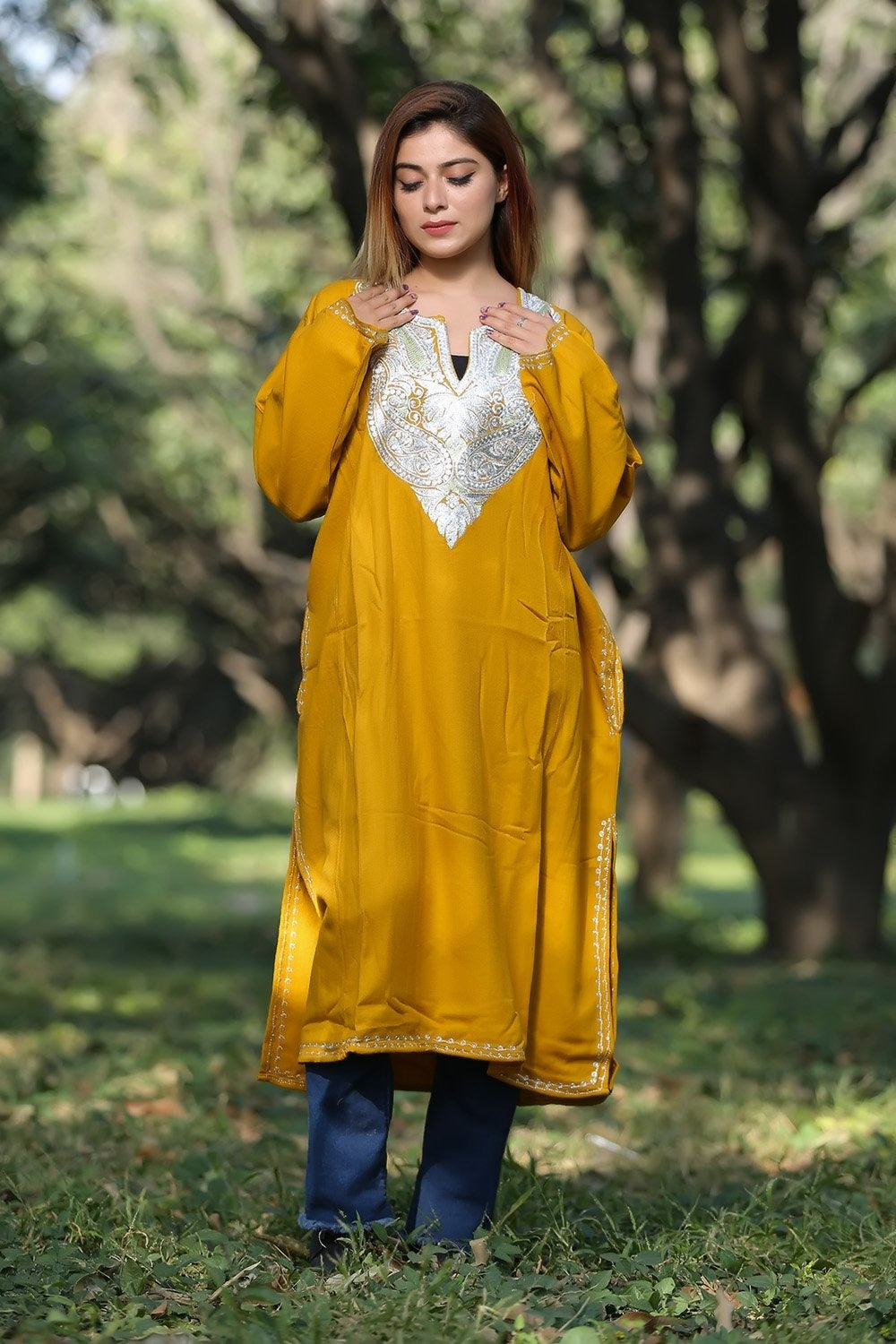 Kashmiri Mustard Color Work Embroidered Phiran Enriched