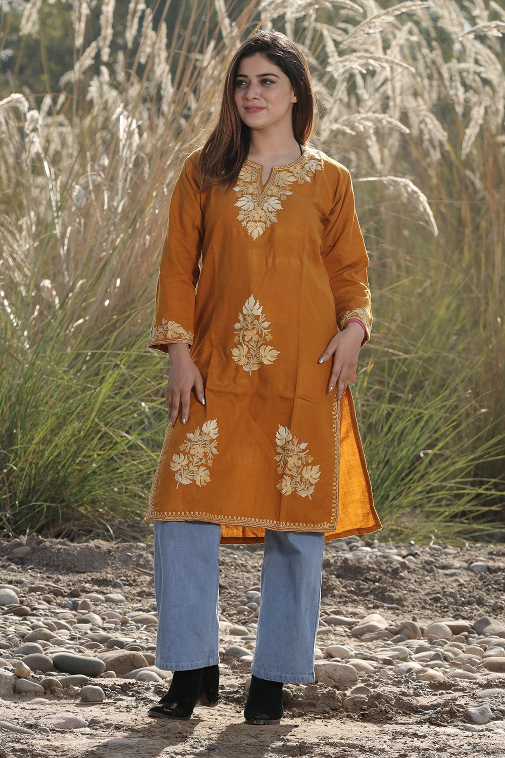 KASHMIRI MUSTARD COLOUR AARI WORK EMBROIDERED KURTI