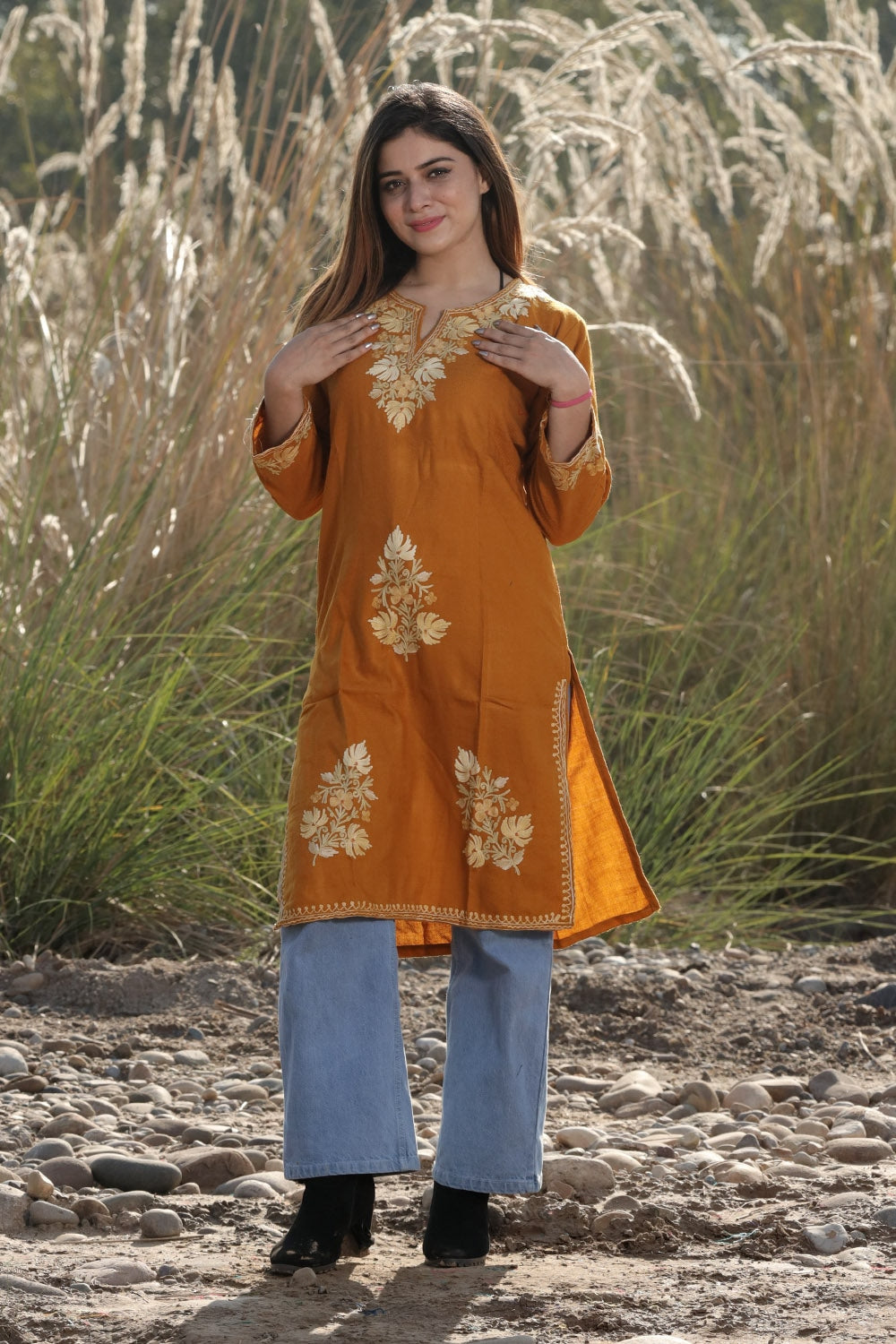 KASHMIRI MUSTARD COLOUR AARI WORK EMBROIDERED KURTI