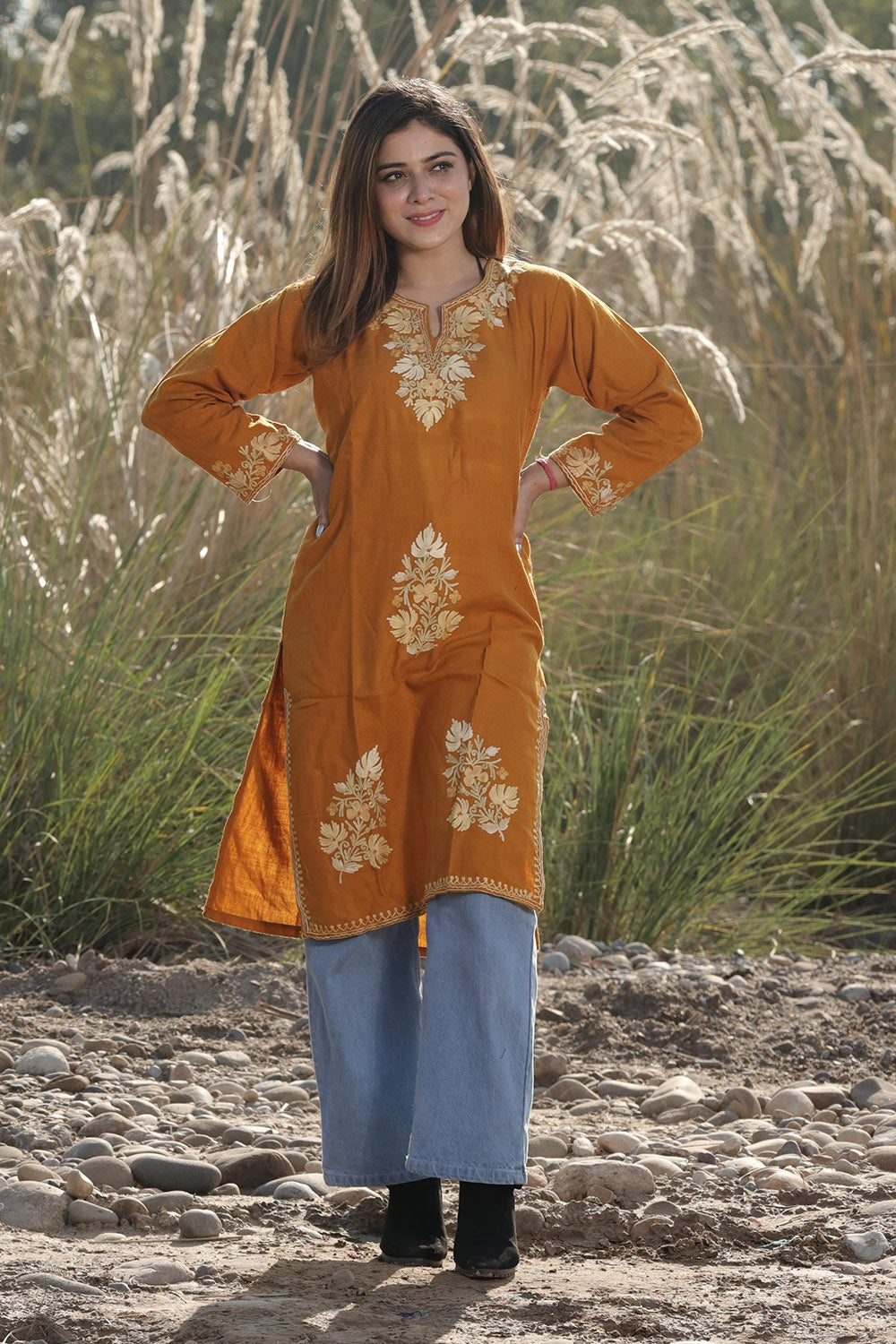 KASHMIRI MUSTARD COLOUR AARI WORK EMBROIDERED KURTI