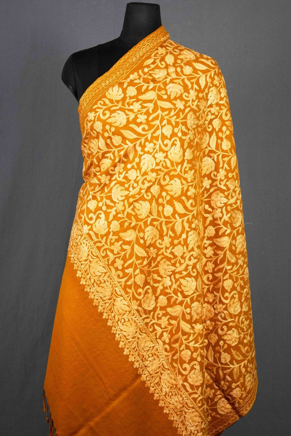 Kashmiri Mustard Colour Chinar Embroidered Aari Work Shawl