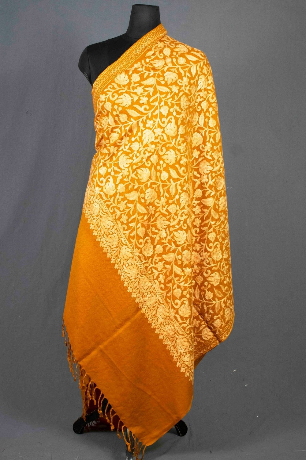 Kashmiri Mustard Colour Chinar Embroidered Aari Work Shawl