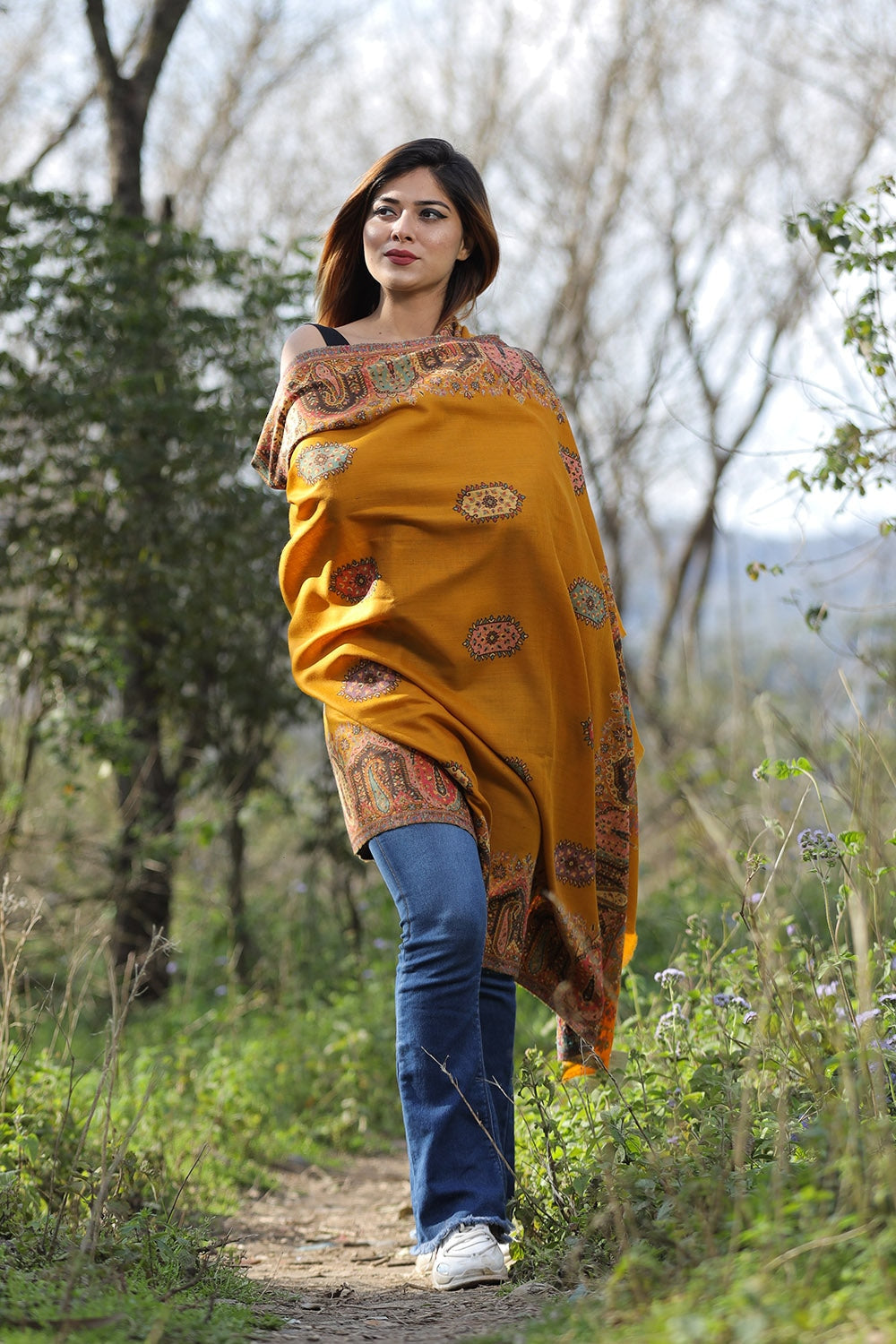 Kashmiri Mustard Colour Shawl With Flower Pattern Style