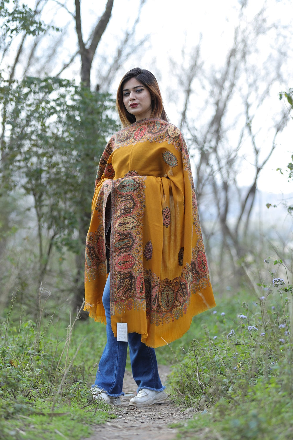 Kashmiri Mustard Colour Shawl With Flower Pattern Style