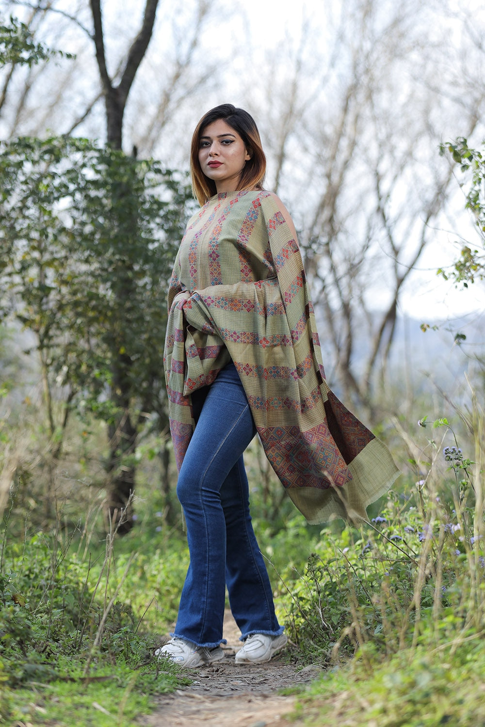 Khaki Green Colour Shawl With Flower Pattern Style Bold