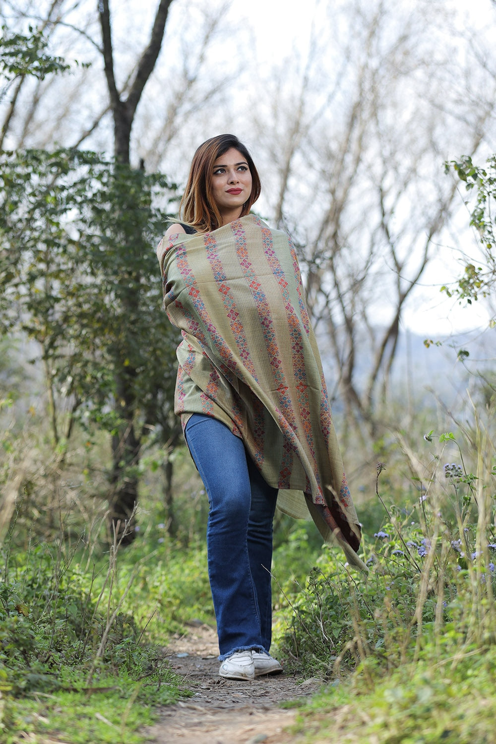 Khaki Green Colour Shawl With Flower Pattern Style Bold