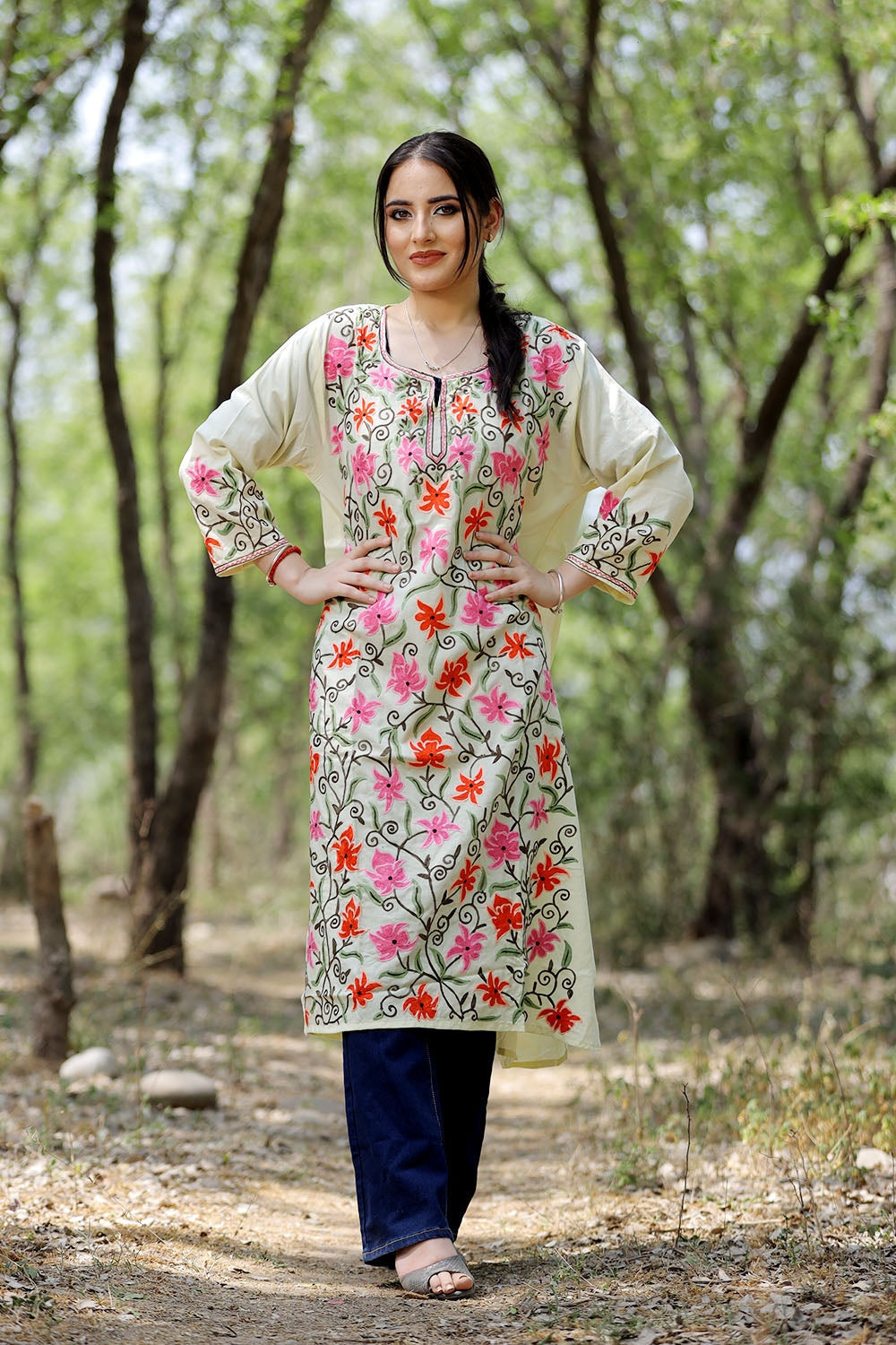 Lemon Colour Cotton Kurti With Multicolour Embroidered Jaal