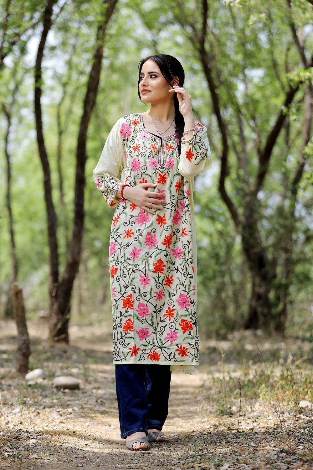 Lemon Colour Cotton Kurti With Multicolour Embroidered Jaal