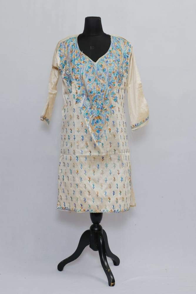 Light Beige Colour Aari Work Kurti With Multi Heavy Neckline