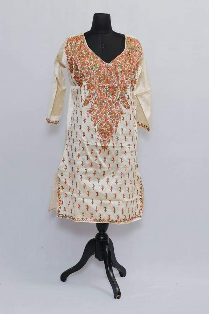 Light Beige Colour Aari Work Kurti With Multi Neckline