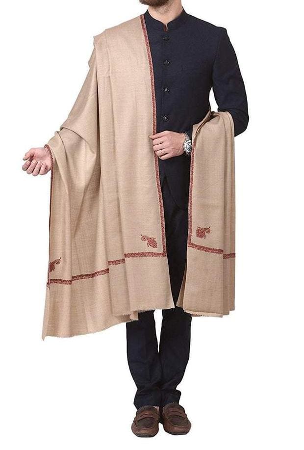 Light Brown Kashmiri Sozni Needle Work Gents Shawl
