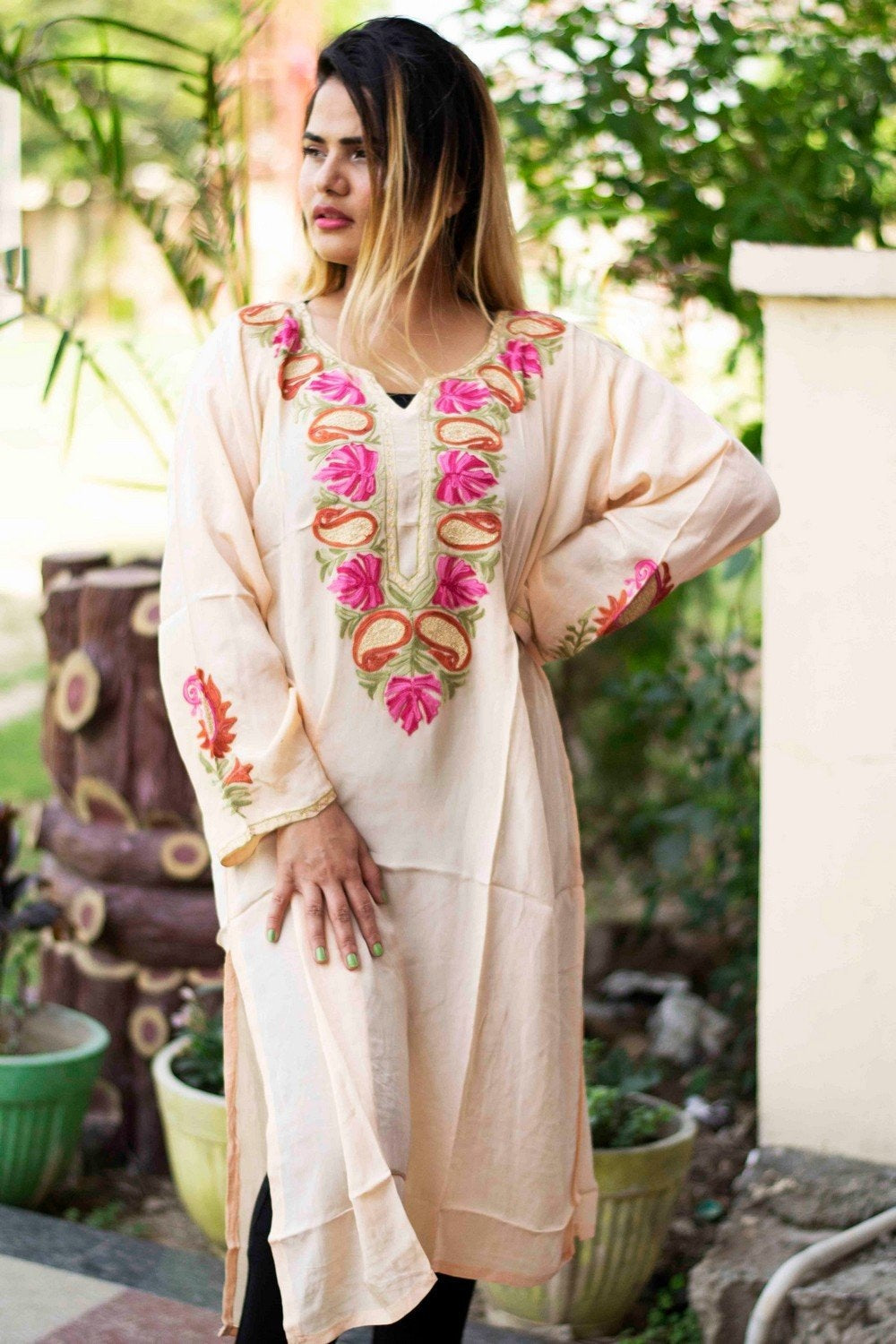 Light Colour Kashmiri Kurti With Beautiful Aari Embroidery