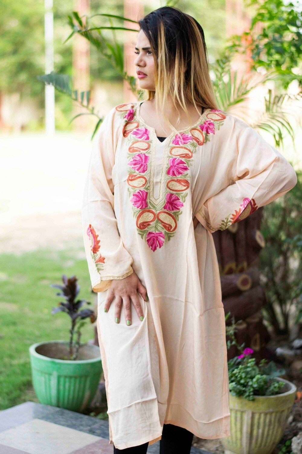 Light Colour Kashmiri Kurti With Beautiful Aari Embroidery