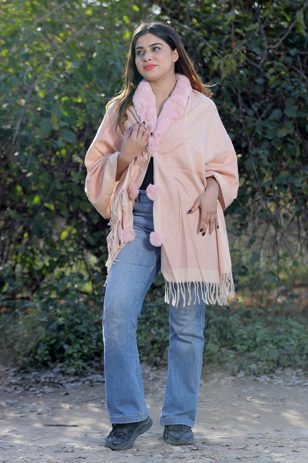 Lovely Baby Pink Colour Woollen Cashmere Faux Fur Cape