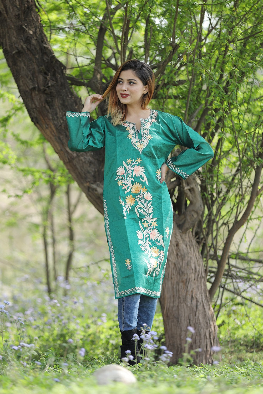Lovely Bottle Green Colour Rayon Silk Kurti With Beautiful