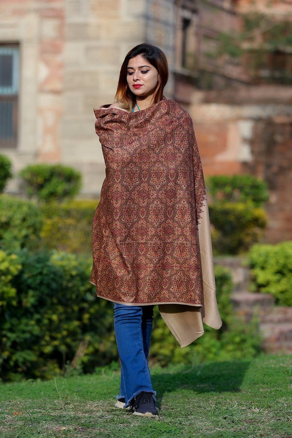 Lovely Shade Of Beige Color Embroidered Sozni Shawl