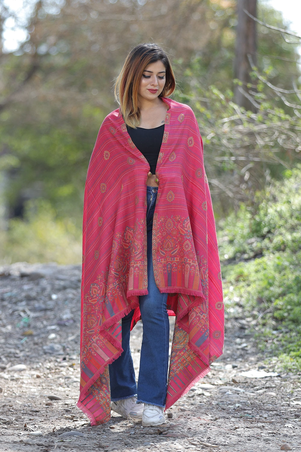 Magenta (Dark Pink) Colour Shawl With Flower Pattern Style