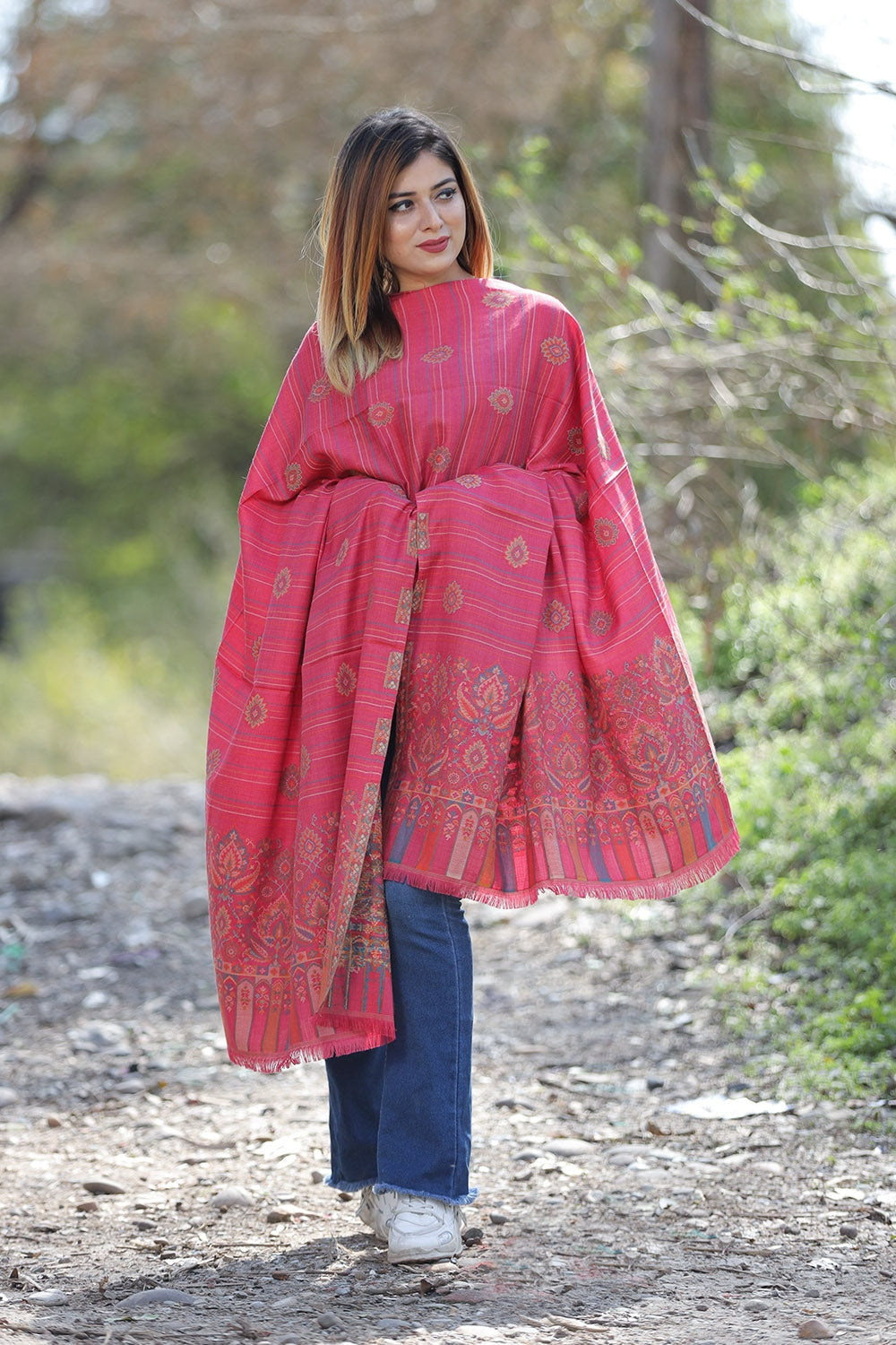 Magenta (Dark Pink) Colour Shawl With Flower Pattern Style
