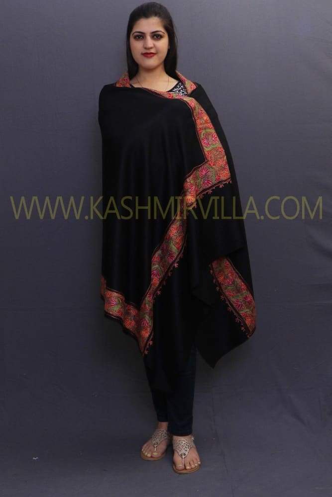 Magical Black Sozni Work Kashmiri Handwoven Shawl On Semi