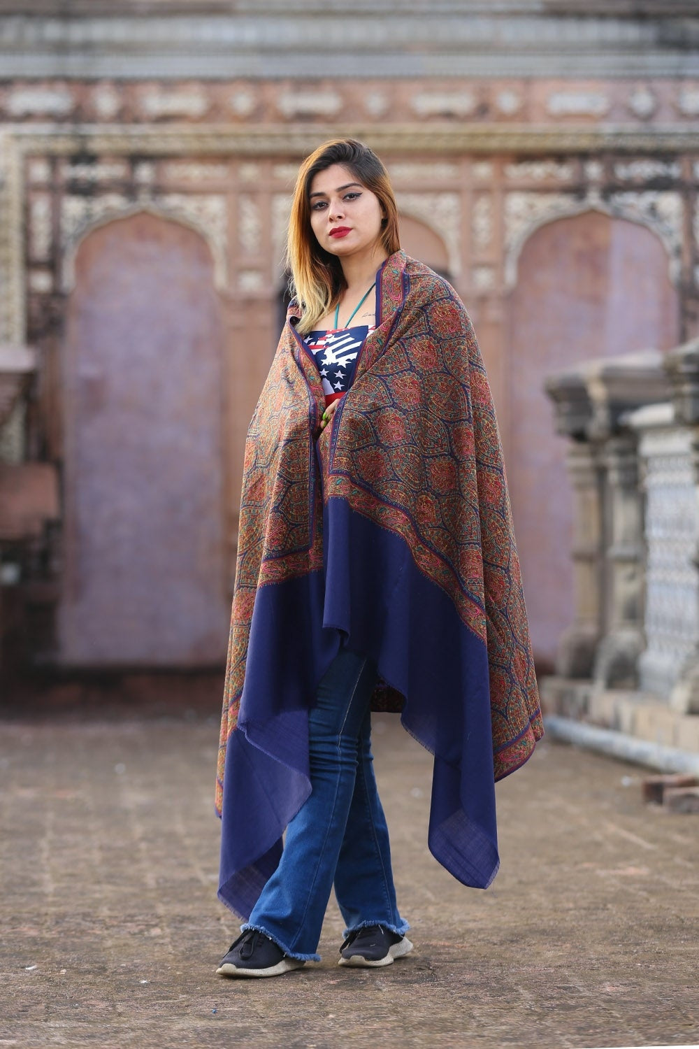 Magical Navy Blue Colour Embroidered Sozni Shawl Enriched