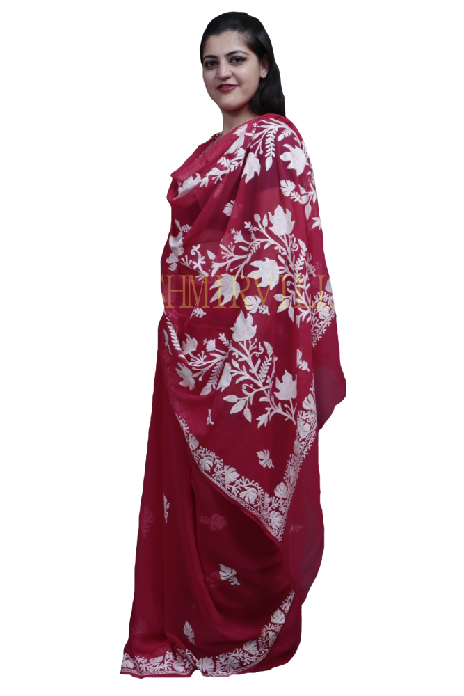 Majenta Colour Kashida Work Saree With Wonderful Designing