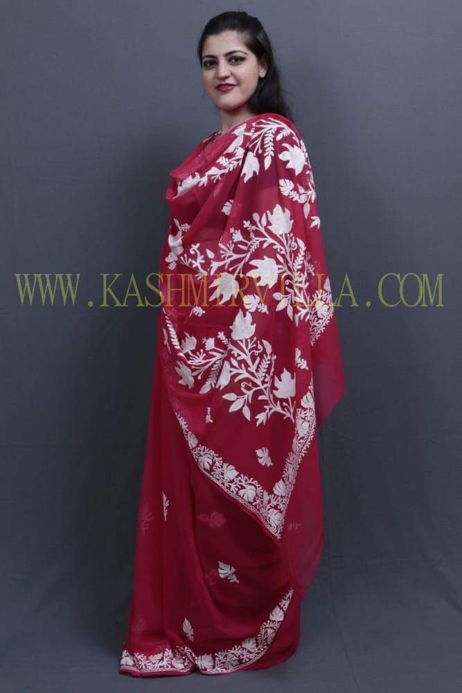 Majenta Colour Kashida Work Saree With Wonderful Designing