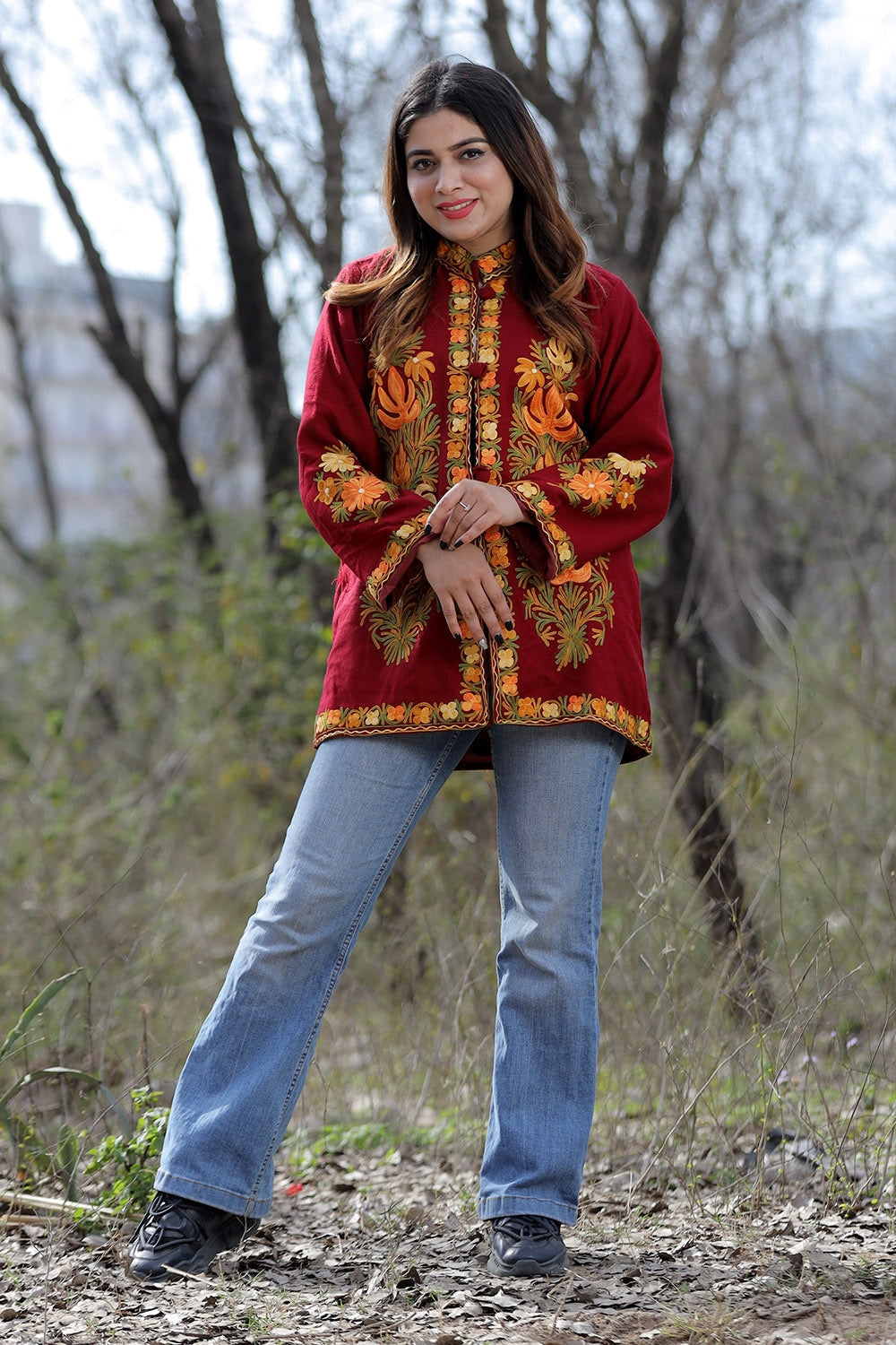 Maroon Aari Work Embroidered Jacket With Beautiful Designer