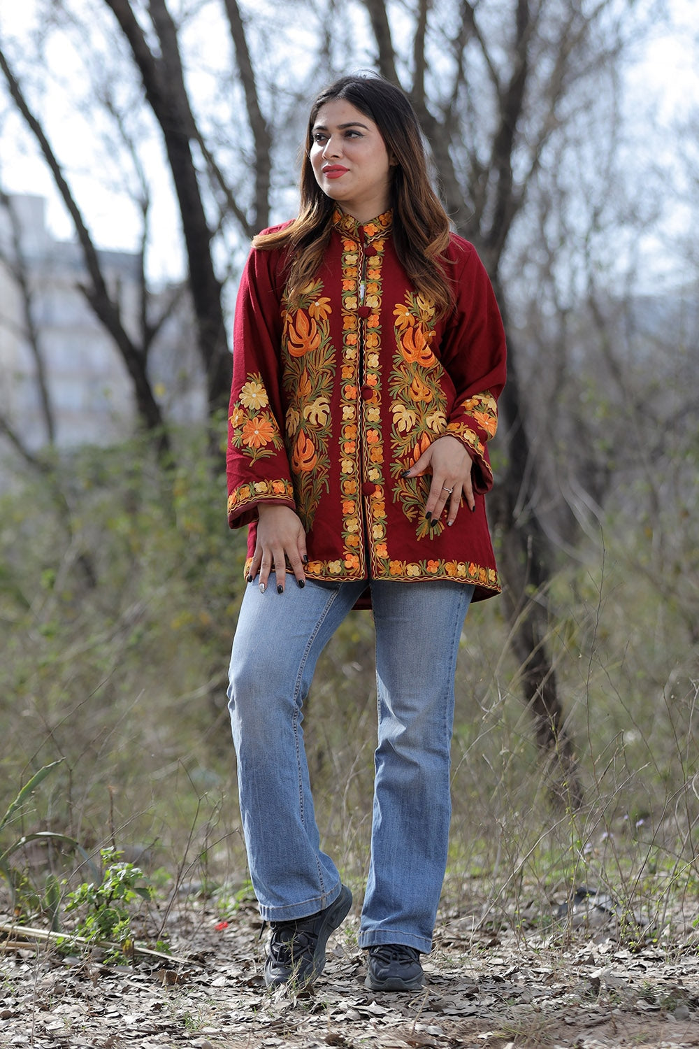 Maroon Aari Work Embroidered Jacket With Beautiful Designer