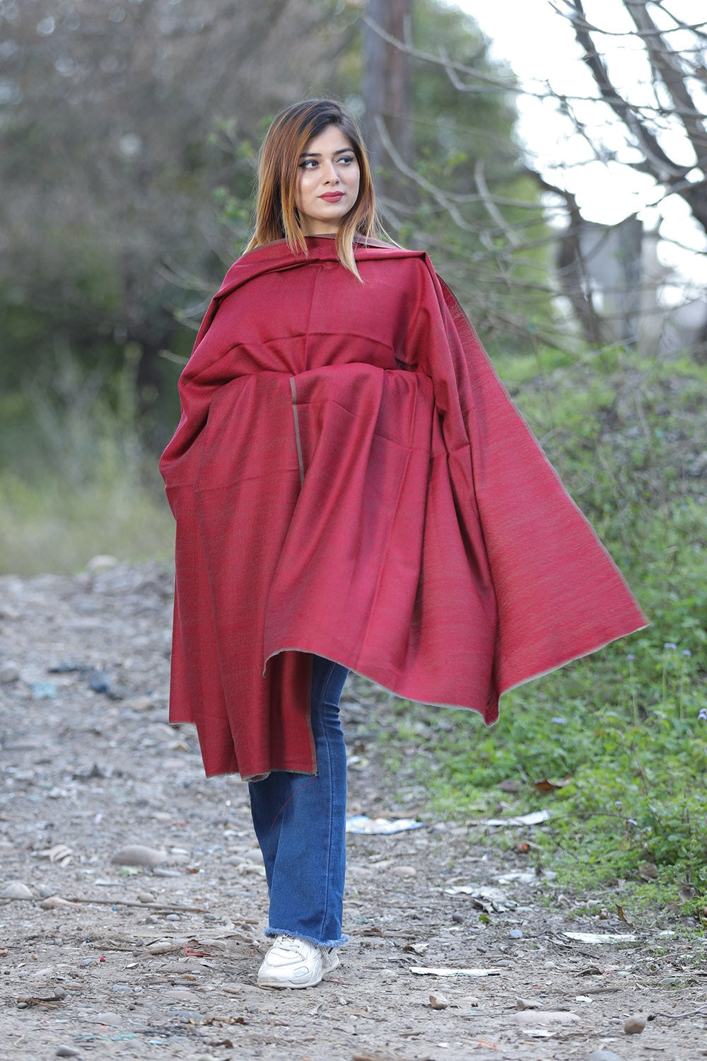 Maroon & Brown Colour Reversible Semi Pashmina Shawl.