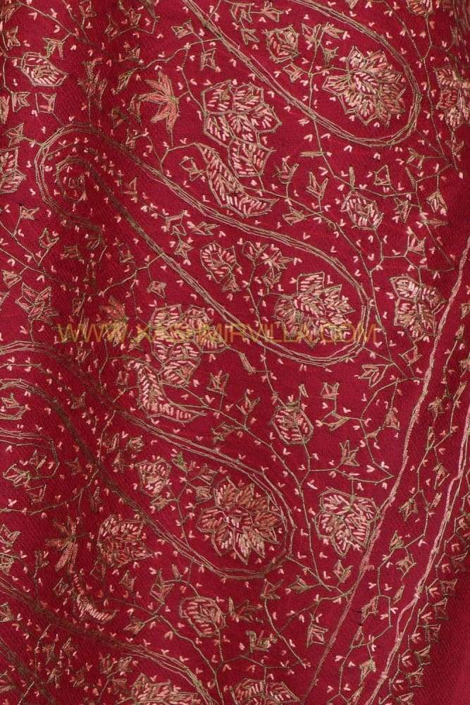 Maroon Color Embroidered Sozni Shawl Enriched With