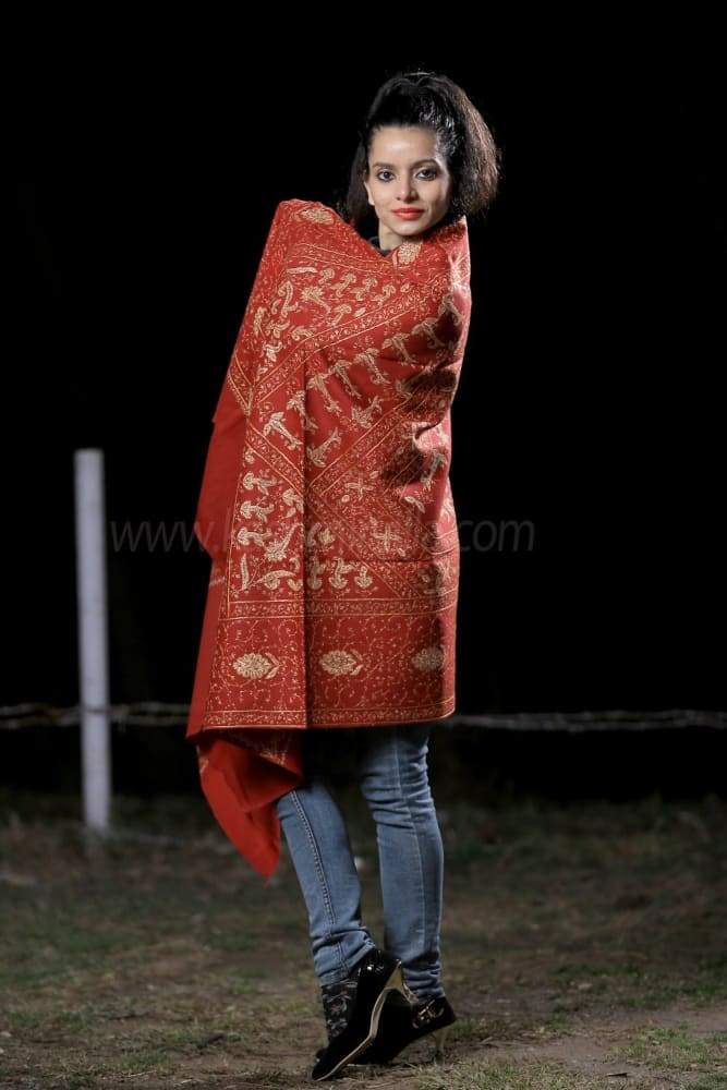 Maroon Color Embroidered Sozni Woolen Shawl Enriched