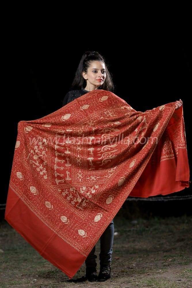 Maroon Color Embroidered Sozni Woolen Shawl Enriched With