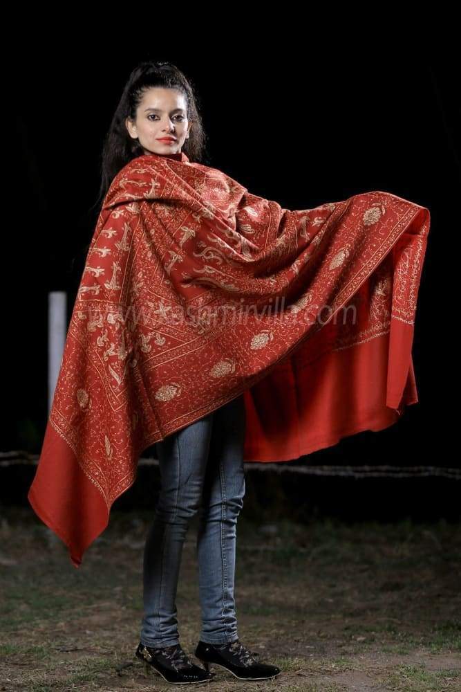 Maroon Color Embroidered Sozni Woolen Shawl Enriched