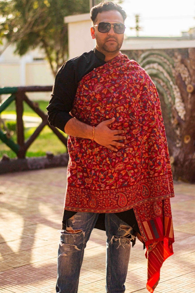 Maroon Color Heavy Kani Semi Pashmina Gents Shawl