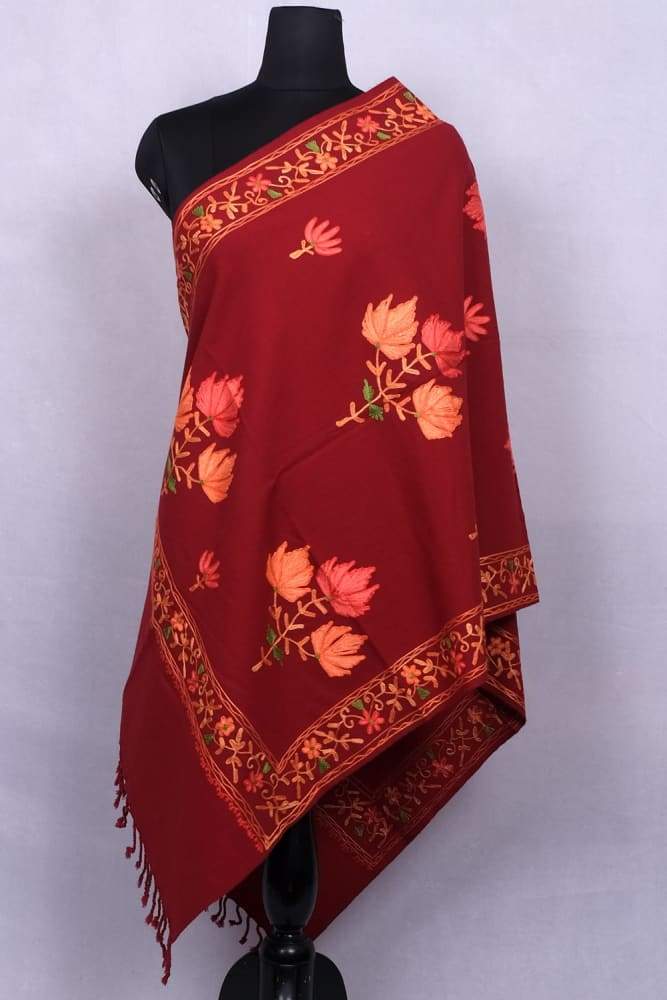 Maroon Color Kashmiri Aari Work Embroidered Stole Enriched