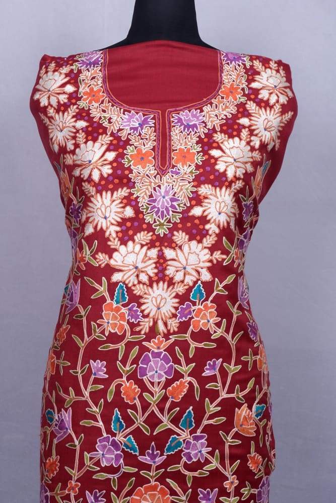 Maroon Color Kashmiri Aari Work Unstitched Woollen Suit